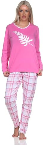 Normann Damen Jersey Pyjama Langarm in tollen Farben mit Karo-Muster und V-Hals