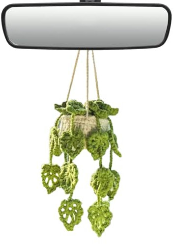 Raypontia Häkel Hängepflanze 20–25 cm,Häkel Pflanze Auto,Häkel Deko Auto, Häkelpflanze Auto, Häkelpflanze Autospiegel,Hängende Zubehör,Gehäkelte Deko,Boho,Gestrickter Anhänger(A)