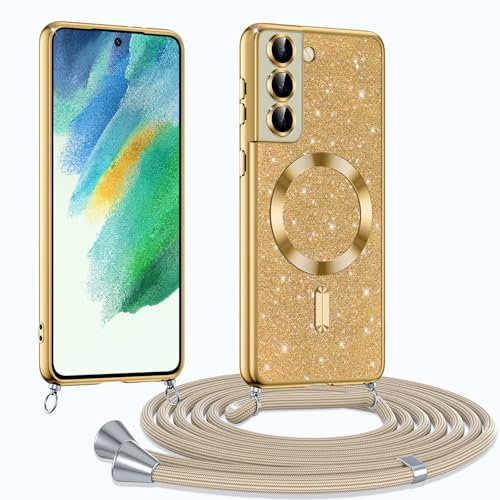Phoona Coque pour Samsung Galaxy S21 FE 5G avec Cordon, Etui à Paillettes Compatible avec MagSafe, Antichoc Protection Coque pour Magnétique avec Réglable Collier, Doré