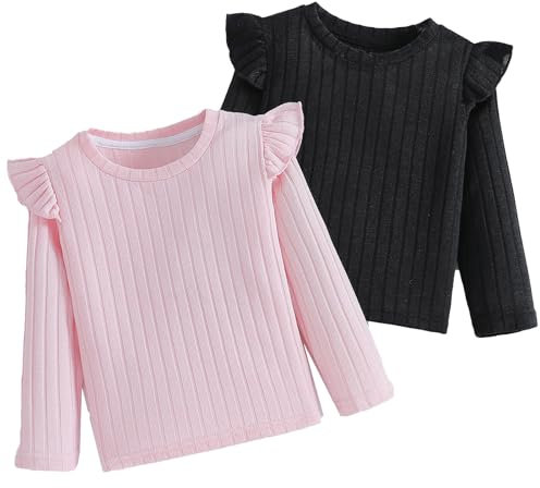 Xumplo Toddler Girl Long Sleeve Ruffle T-Shirt Children Crew Neck Ribbed Top Blouse Little Girls 2-Pack Tees Jumper Clothes 2-3 Years (Pink/Black)