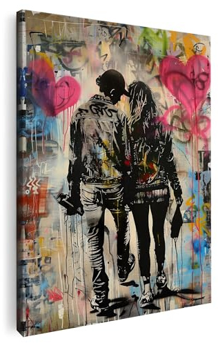 Artmazing | Banksy Paar Bild bunt | S-Art Bilder | Banksy Paar Bilder Modern | Coole Wandbilder Wohnzimmer | Wandbild Banksy Paar Deko XXL | Bild Leinwand XXL | buntes Poster für Wand