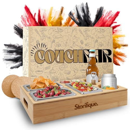 Storifique® Couchbar Snackbox – Organizer mit 3 Snackschalen, 2 Dipschalen, 2 Becherhaltern, 2 Untersetzer & 1 Flaschenöffner für Sofa & Couch – Originelle Geschenke für Männer & Frauen