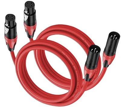 Jozzai XLR Male to XLR Female Cable (2Pack / 6.6 FT), Red, Professional Balanced Microphone Lead XLR Male to Female Cables, Extension Mic Cable Cord