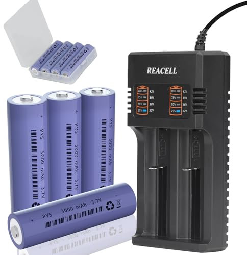 REACELL 3.7 Volt 3000mAh Rechargeable Battery, 4 Pack Button Top NiMH, Fast Dual Battery USB Charger for Headlamp, LED Flashlight