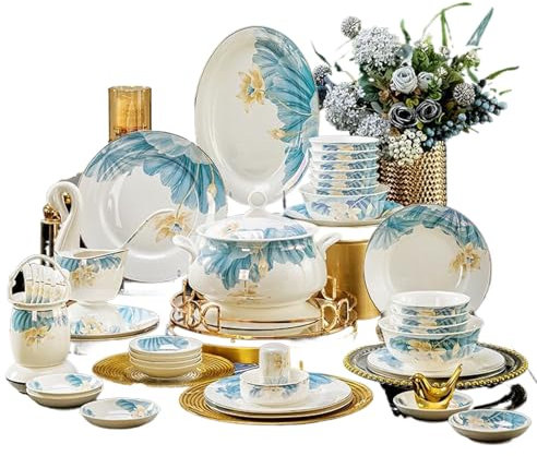 LXYAYY Stoviglie Set da tavola Europa Bone China Piatto Casalingo Bordo Oro Ceramica Porcellana Porcellana(B)