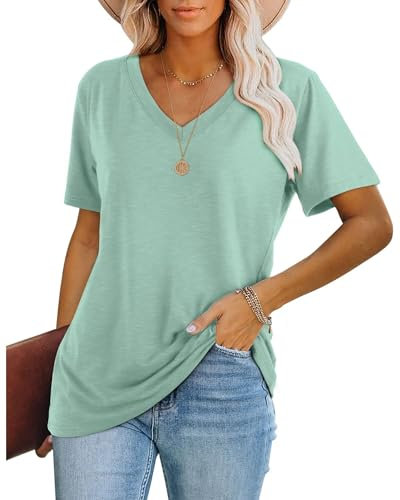 WIHOLL Ladies Tops Summer Women's T-Shirts UK Casual Loose Short Sleeve V Neck Outfits Clothing Clothes 2025 Green Size 18-20