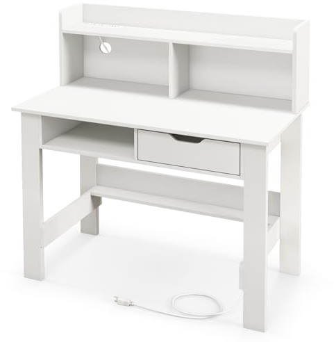 LIFEZEAL Schreibtisch, Computertisch mit integrierter Ladestation, Kabelloch, Arbeitstisch mit Aufbewahrungsregal & Schublade, offenes Fach, 95 x 56 x 109,5 cm (Weiß)