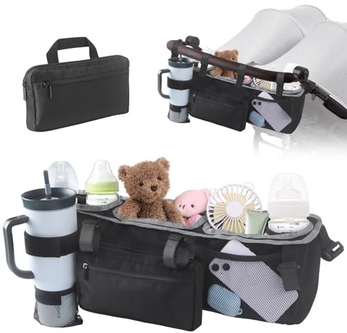 JAYOBGO Doppel-Kinderwagen-Organizer-Tasche für Bob Baby Jogger City Mini GT2 Jeep-Kinderwagen, universelles Zubehör mit Getränkehalter, Kühltaschen, abnehmbare Tasche, Schwarz (nur Tasche)
