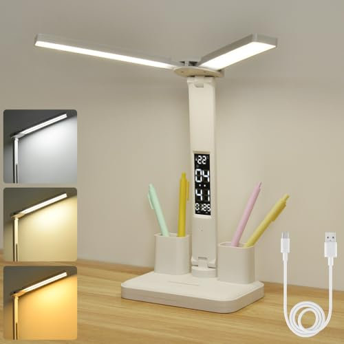 vsshe Lampara Escritorio LED, Doble Cabeza LED escritorio pinza con 3 Modos Regulable, Puerto de Carga USB, para trabajo, monitor, pantalla ordenador, estudiar, oficina, estudio