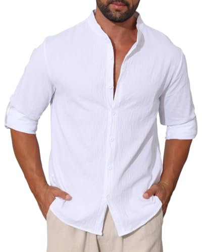 EndoraDore Mens Linen Cotton Shirts Casual Long Sleeve Regular Fit Shirt Hawaii Summer Beach Tops White L