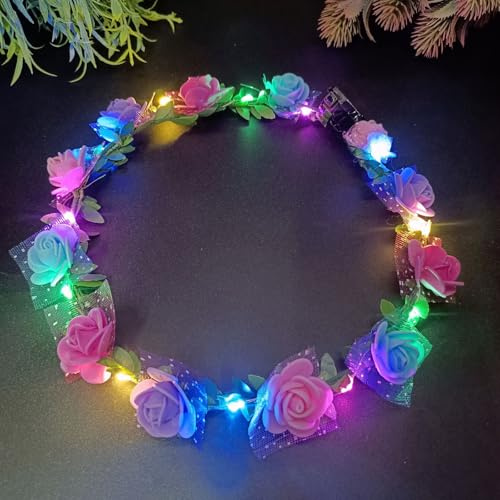 FENGCHUANG Blumenkranz Haare Einheitsgröße, LED-Blumenkranz Stirnband, Leuchtende Blumenkronen, Blumen-Kopfschmuck Festival, Party, Haarschmuck für Damen und Mädchen （Farbe + Farblichter）
