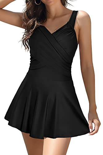 SHEKINI Badekleid Damen Einteiliger Badeanzug Schwimmrock Niedriger Kragen Kreuz Ruched Rückenfrei Bikini Damen Bauchweg Gedruckt Große Größen für Frauen(M,Schwarz-A)