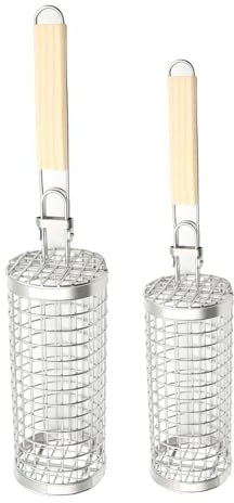 Nesting Rolling Grill Baskets,BBQ Baskets for Outdoor Grill - Foldable Stainless Steel Barbecue Tools with Wood Handle for Vegetables Shrimp