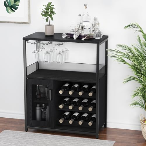 Aptliton Wine Bar Cabinet with 12-Bottle Rack and 6-Glass Holder, 36in Countertop, Adjustable Divider, Anti-Tip, Metal Frame + MDF/PB