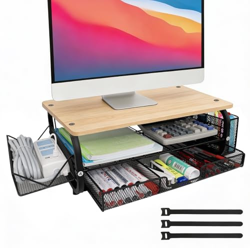 Oak Monitor Riser Stand with Stroage | 2-Tier Desk Organiser Stand with Storage, Metal Mesh & Cable Ties | Ergonomic Shelf for Laptop, Monitor, Printer and Plants