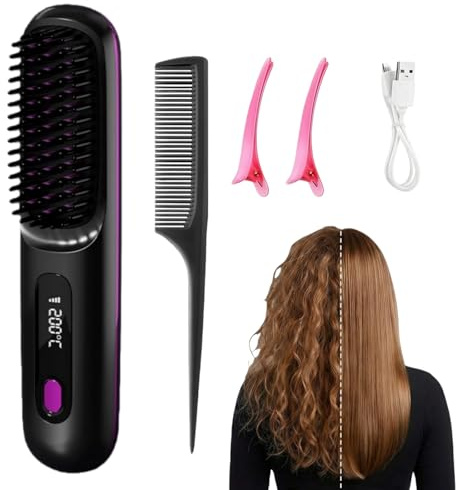 EverHaar Tragbare Glättungsbürste – GoBrush PRO tragbare kabellose Mini Haarglätterbürste für Frauen 2-in-1 Keramik Ionen-Technologie 5 Temperaturstufen LCD USB aufladbar schnelles Aufheizen