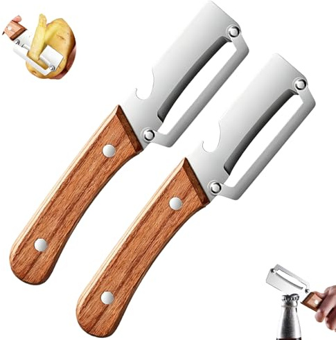 Pelapatate Multifunzione per Cucina Set da 2, Pela Patate Multifunzione con Apribottiglie, Sbuccia Mela Acciaio Inossidabile Manico Legno, Utensile Cucina per Verdure e Frutta (A)