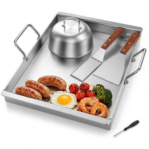 Plancha Grillplatte Edelstahl 40x30 cm, Set inkl. Hamburger-Deckel | Plancha Edelstahl für Gasgrill: 6-teilig mit Hamburger-Deckel, 2 Spateln & Griffen – 4 mm massiv, spülmaschinenfest