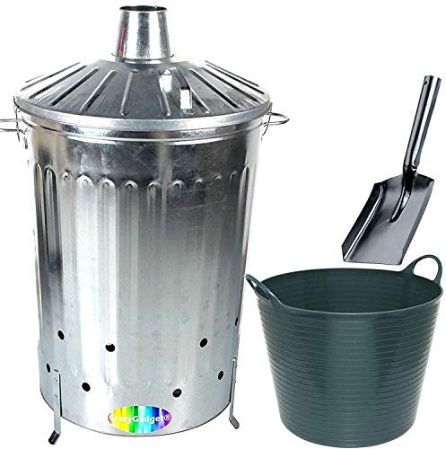 CrazyGadget® 125 Litre 125L Extra Large Galvanised Metal Incinerator Fire Burning Bin with Special Locking Lid + Ash Shovel + 42L Litre Plastic Flexi Tub (Dark Green)