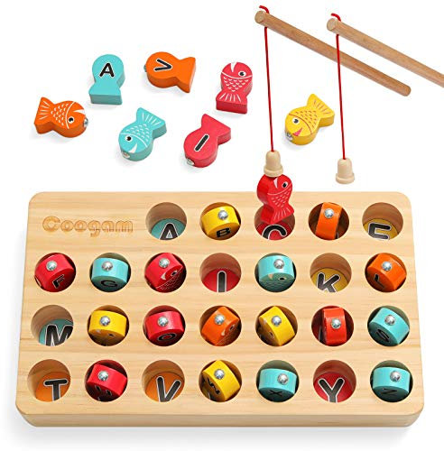 Coogam Hölzern Magnetisch Angelspiel, Feinmotorikspielzeug ABC-Alphabet-Farbsortierpuzzle, Montessori-Buchstaben-Erkennungs-Vorschulgeschenk Frühes Lernen mit 2 Polen
