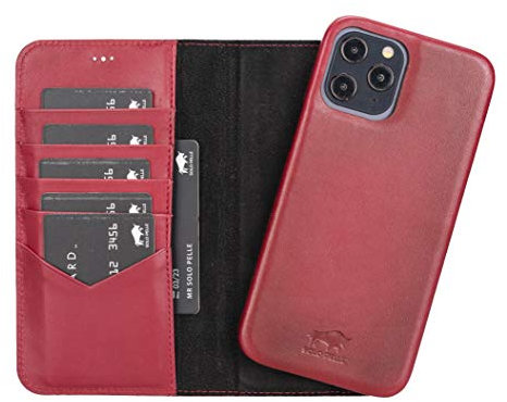 Solo Pelle Lederhülle kompatibel für iPhone 12 Pro Max in 6.7 Zoll abnehmbare Hülle (2in1) inkl. Kartenfächer für das original Apple iPhone 12 Pro Max (Vollleder Rot Effekt)