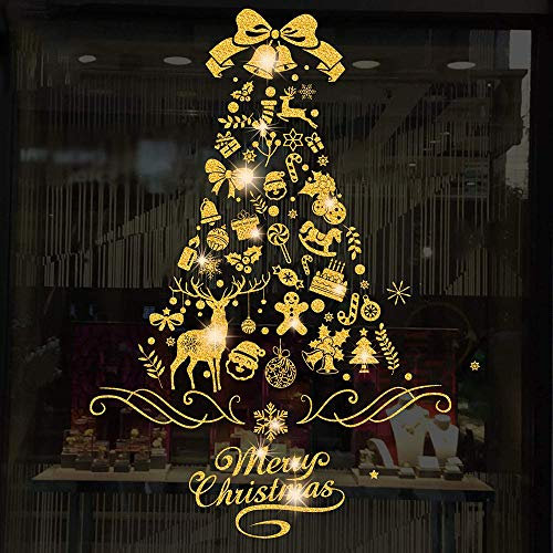 Vicor Christmas Window Decorations,4 Sheets Reusable Xmas Window Stickers,Gold Christmas Tree Clings for Christmas Window Decoration