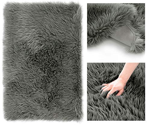 AmeliaHome Teppich Lammfell Kunstfell Hochflor Bettvorleger Dokka Anthrazit rechteckig 60x90 cm