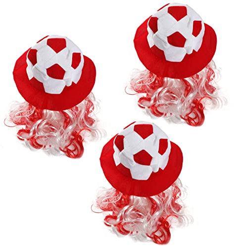 I LOVE FANCY DRESS Adults Football Hat - Pack of 3 - Red & White Football Hat with Attached Red & White Hair - Adults Sports Supporters World Cup Euros Accessory