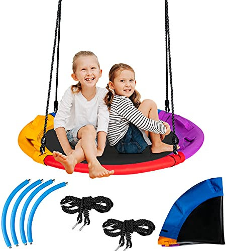 RELAX4LIFE Nid de Balançoire pour Enfants φ100cm avec Oreiller et Poignée, Balançoire Ronde Réglable en Hauteur de 100 à 160 cm, Balançoire de Jardin Charge Max 150kg (Multicolore avec Oreiller)