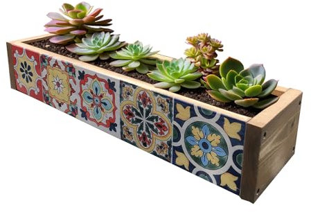 Heimerdinger Holz-Pflanzkasten mit Zwei Seiten mexikanischer Fliesenmalerei, Blumenkasten, Retro-rustikaler Fenster-Pflanzkasten, Tischdekoration, Aufkleber-Box, Sukkulenten-Box