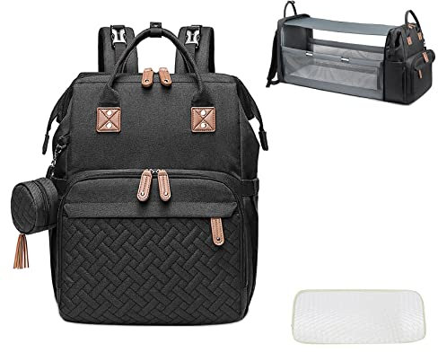 SONARIN Multifunktional Baby Wickelrucksack Wickeltasche mit Faltbarem Babybett,Tragbare Wasserdicht Wickeltasche Rucksack Kinderwagentasche mit Matte,Schnullertasche & USB-Anschluss(Schwarz)