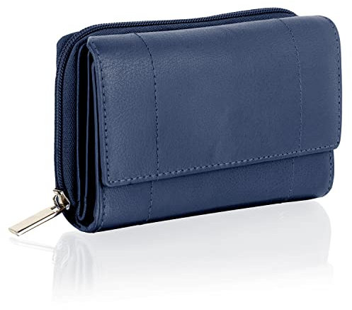Woodland Leather Porte-Monnaie pour Femme, Petit Porte-Monnaie Protégé RFID en Cuir Véritable avec Poches Zippées pour Cartes et Pièces, Bleu Marine