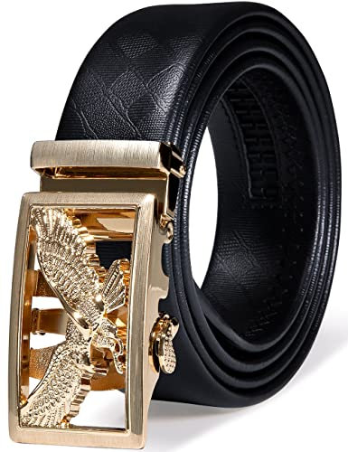 Barry.Wang Luxuriöser Herrengürtel mit goldfarbener Schnalle, Ratsche, Tier, schwarzes Leder, Geschenk-Box, Westerngürtel für Kleid, Jeans, American Eagle, Length 130cm-51,adjustable