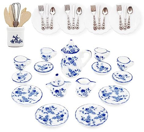 Odoria Miniaturas Escala 1/12 Conjunto de Tazas de Té 15Pzs Accesorios Casa de Muñecas con 16Pzs Platos Cubiertos Vajilla y Utensilios Cocina Miniatura, Uvas