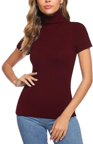 Totatuit Magliette Dolcevita Donna Maniche Corta Lupetto Elegante Maglia Collo Alto Shirt Top Basic Casual Morbida Elasticizzato Vino Rosso M