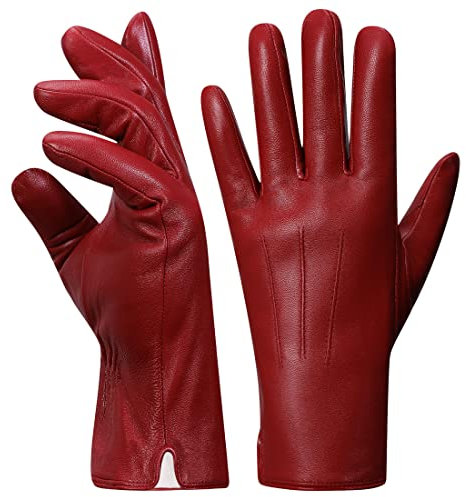 Harssidanzar Lederhandschuhe für Frauen,Winter Kaninchenfell gefütterte weiche Echtlederhandschuhe KL027EU,Rot, Größe M