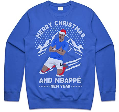 Sanfran Clothing Merry Christmas and Mbappe New Year Christmas Sweatshirt Xmas France Funny Football World Cup Jumper Sweater Medium/Royal Blue