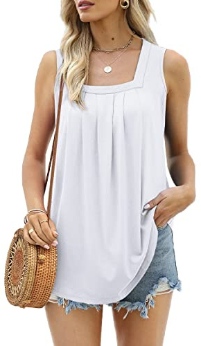 Aokosor Vests for Women Square Neck Summer Tops Ladies Pleated Sleeveless Tank White Plus Size 22-24