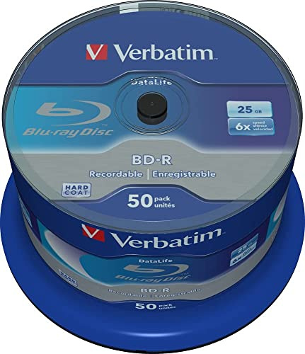 Verbatim BD-R SL Datalife Blu-ray Rohlinge, 25 GB, Blu-ray-Disc mit 6-facher Schreibgeschwindigkeit, Blu-ray-Disks für Video- und Audiodateien, 50er-Pack Spindel, inklusive 100 BD Hüllen