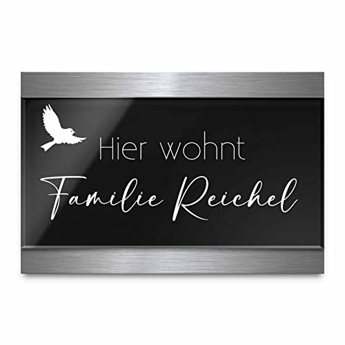 Premium Türschild aus Hochglanz Acrylglas und V2A Edelstahl | Namensschilder mit Gravur - Türschilder für die Haustür mit Namen selbstklebend oder mit Bolzen versch. Größen ab 9x6 cm