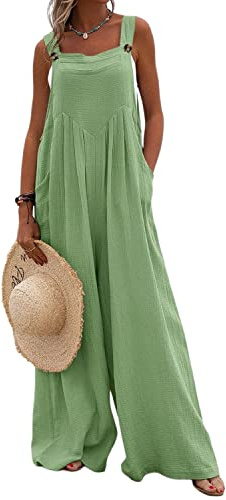 Runstarshow Womens Overalls Casual Loose Dungarees Ladies Jumpsuits UK Romer Oversized Women Wide Leg Playsuit with Pockets Solid Color Plus Size 8-26 Summer Trousers Pants Green
