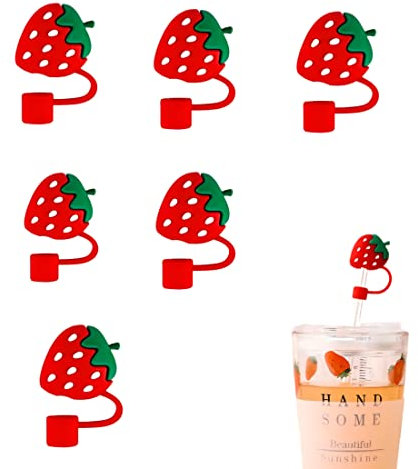 Straw Cover Strawberry, 6Pcs Reusable Straw Toppers Drinking Straw Tips Lids for 6-8 Mm Straw Covers Cap for Stanley Cup Cute Straws Plugs (Strawberry Straw Cover)