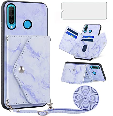 Asuwish Coque pour Huawei P30 Lite avec Cordon et Verre Trempé Protecteur D'écran Rabat Support Cuir Porte Carte Portefeuille Étui HuweiP30Lite Hawaii P 30 Nova 4E MAR-LX1A MAR-LX1B Cover Case Bleu