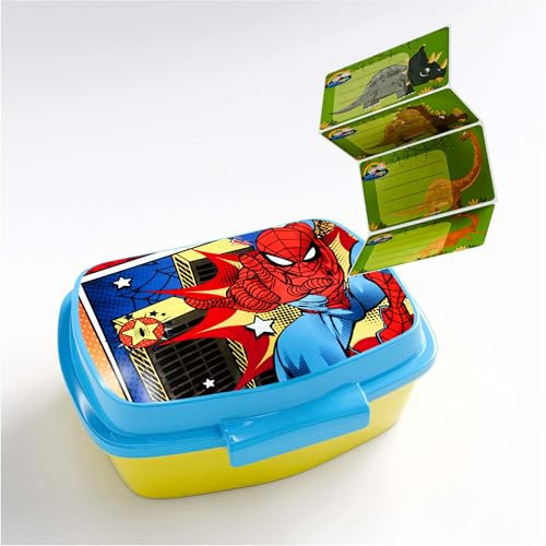 ICE TOYS porta merenda + 4 etichette segnanome colorati contenitore per pranzo da bambini (spiderman2)