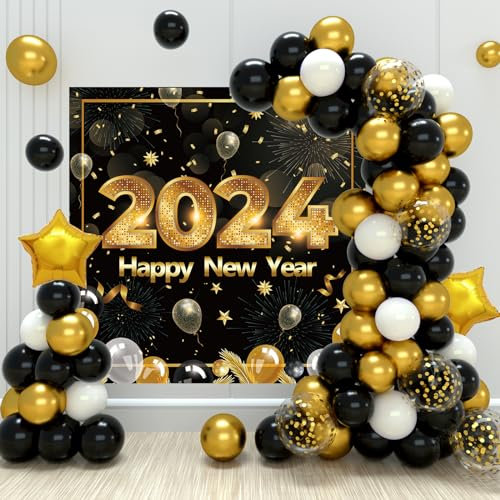 Neujahr 2024 Dekoration Ballon, 100 Luftballons Girlande Schwarz Gold,Schwarz Gold Neujahr Dekoration, Neujahr Luftballons mit Happy New Year Banner für 2024 Silvester Deko, 2024 Neues Jahr Partydeko