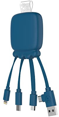 Xoopar Câble Multi Connecteurs USB - Hub USB 4 en 1- Chargeur Universel et Batterie Externe 3000 mAH en Plastique Recyclé - Octopus Gamma - Bleu
