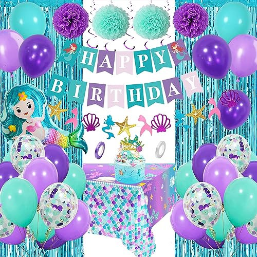 Geburtstagdeko Meerjungfrau Mädchen,Blau Lila Geburtstag Deko mit Geburtstag Banner Cake Topper Tischdecke Pompom 3D Meerjungfrau Folie Luftballons für Kindergeburtstag Deko 3 4 5 6 Jahre
