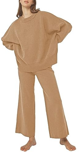 Viottiset Damen 2-Teilige Übergröße Loungewear Langarm Top Strickpullover Lounge Sets Outfits Trainingsanzüge Braun S