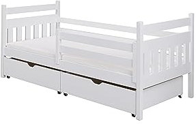 KEF Kinderbett 80x190 cm - Hannah - Bett aus Holz mit Stauraum - Tagesbett mit Lattenrost - Jugendbett und Mädchenbett für Kinderzimmer - Weiß