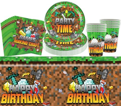 41 Pcs Jeu Vidéo Thème Vaisselle de Fête Anniversaire pour Enfants, Ensemble de Fête d'anniversaire de Jeu, Assiettes en Papier Serviettes Tasses Nappe, Vaisselle Papier Set pour 10 invités